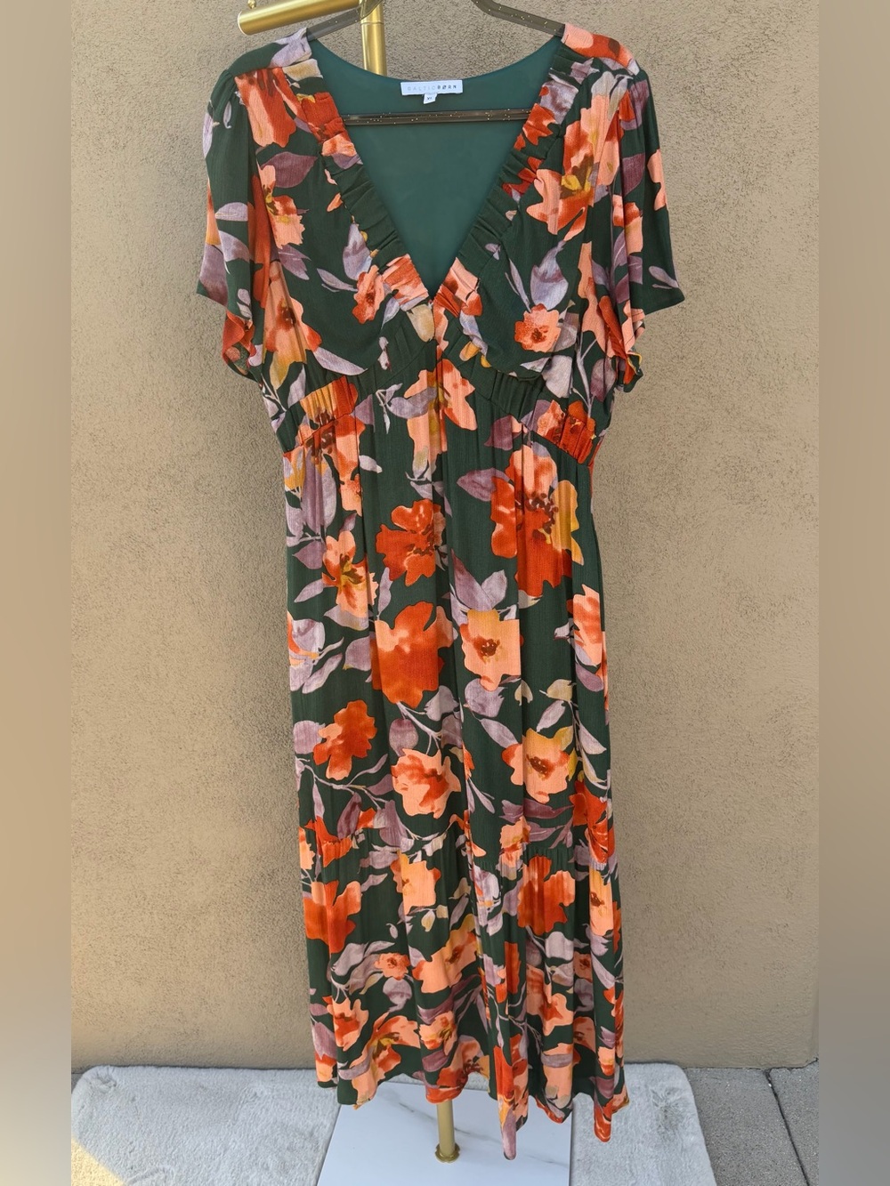 Baltic Born Dark Green Floral Short Sleeve Tiered Maxi Dress XL